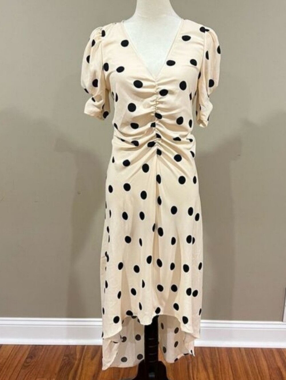❗A New Day Cream Black Polka Dot Ruched Front Maxi Dress Small❗